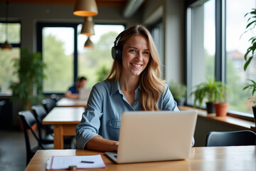 a woman, early 30s, working from a modern, airy co-living space with large windows and stylish decor,digital nomadism.