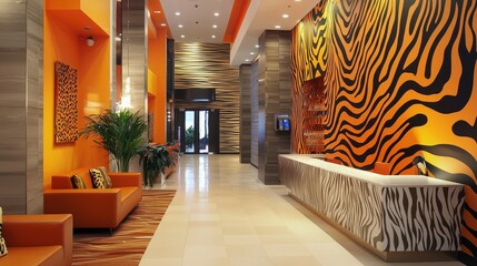 Animal print wallpaper with vibrant tiger stripes for a stylish hotel lobby
