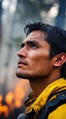 Firefighter of Native American descent assesses wildfire effects in a forest during hot summer day. Generative AI