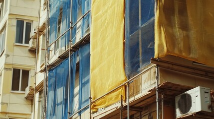 Urban Construction Facade: Blue and Yellow Scaffolding Nets on Building Exterior
