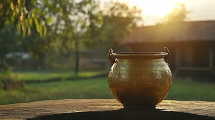 Rustic Pot at Sunset in Serene Landscape