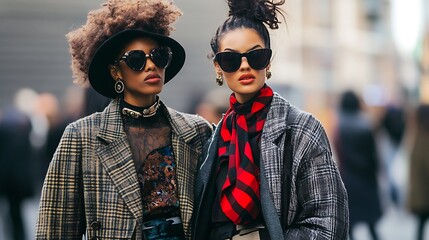 Portrait of Two women models in trendy fashion clothing style with vibrant city street background for elegant modern glamour lifestyle accessories concept.