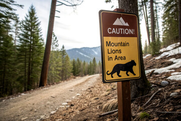 A caution sign warns of mountain lions in a forested area, surrounded by trees and a gravel path, indicating wildlife presence.
