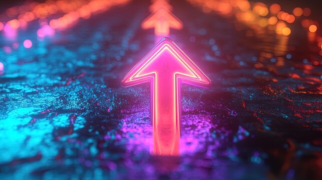 Abstract neon upward arrow in vibrant colors, symbolizing modern growth and technology