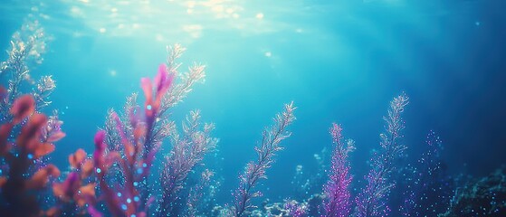 Fototapeta premium A tranquil kelp forest glowing with bioluminescent plants in vibrant shades of turquoise and lavender, gently illuminated by soft light waves. The peaceful underwater scene evokes a dreamlike 