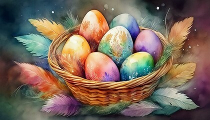 A close-up of a basket filled with hand-painted Easter eggs in pastel colors, surrounded by fresh spring flowers and delicate decorative elements, creating a festive and cheerful holiday scene