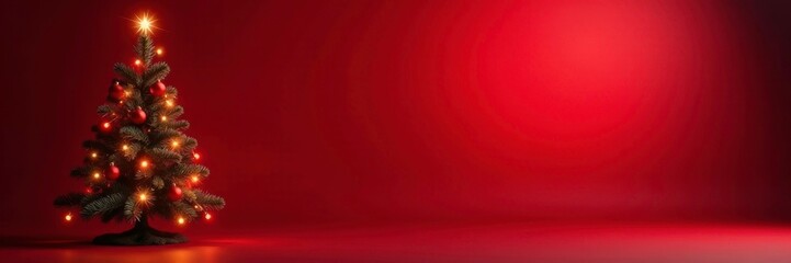 Softly illuminated red background adorned with a stunning Christmas tree, red illumination, soft glow, festive colors