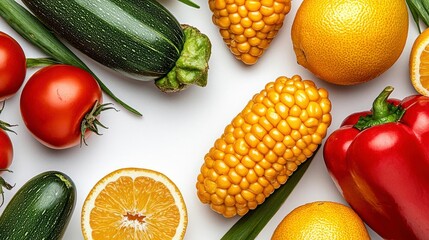 A vibrant flat lay of colorful fruits and vegetables arranged in an artistic pattern on a white background. High Quality