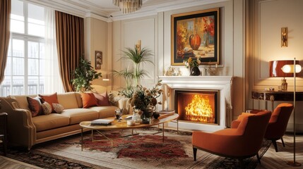 Luxurious living room with fireplace, sofa, and armchairs.