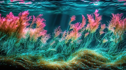 Obraz premium A glowing coral forest with vibrant bioluminescent plants in shades of turquoise and pink, gently swaying in the current. The serene underwater environment is illuminated by soft, radiant light 