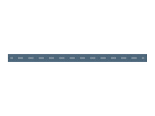 A straight grey road with white dashed centerline markings on a white background. Ideal for traffic design, navigation systems, educational materials, urban planning, and vehicle simulations. Clean