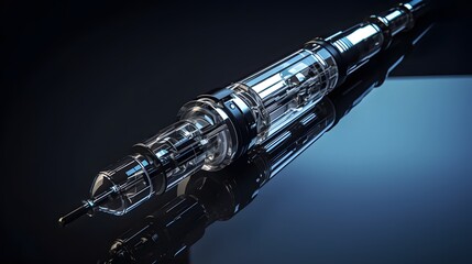 Naklejka premium Close up shot of an insulin syringe positioned on a reflective transparent surface The syringe is filled with a clear liquid