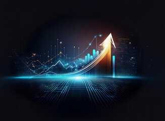 A glowing upward arrow symbolizes growth and progress over a futuristic cityscape backdrop.  Data graphs and circuit patterns suggest technological advancement and financial success.