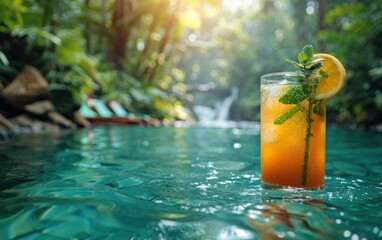 Refreshing Citrus Cocktail by a Tropical Waterfall Pool
