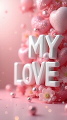 MY LOVE 3D white text on pink background with hearts and flowers