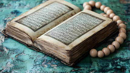 Obraz premium Antique Quran, beads, teal background; religious study, faith