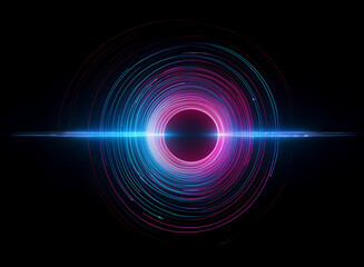 Abstract cosmic artwork featuring a vibrant, glowing ring structure with a central black hole.  Bright light streaks across the scene, creating a sense of energy and movement.