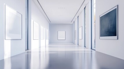 Fototapeta premium Bright modern art gallery with blank frames and large windows showcasing a pristine space