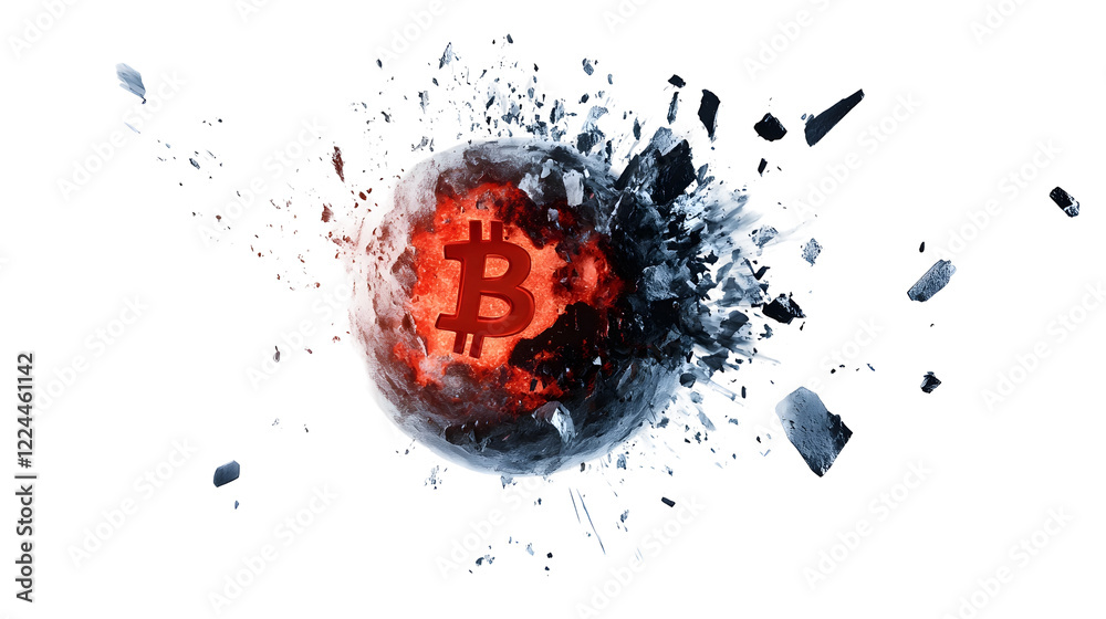 Poster exploding bitcoin cryptocurrency digital finance technology concept