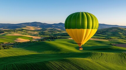 Obraz premium A whimsical hot air balloon floating over a patchwork of fields and farmlands at golden hour. High Quality