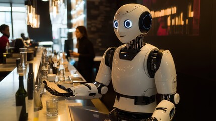 Futuristic robot bartender with sleek design serving drinks in a modern bar environment