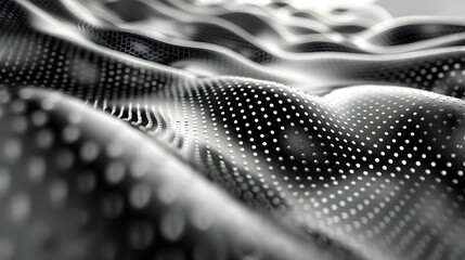 Abstract representation of flowing waves with dotted patterns in black and white.