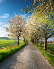 Scenic Spring Road – Tree-Lined Path with Fresh Green Foliage and Blooming Countryside Landscape