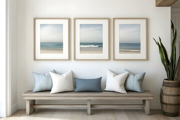 Blank Picture Frame Mockup on White Wall with Coastal Waterfront View and Modern Interior Design