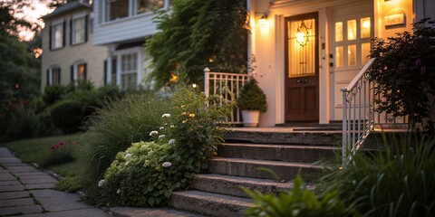 Fototapeta premium Bokeh Lights on Steps Leading to Front Door at Dusk
