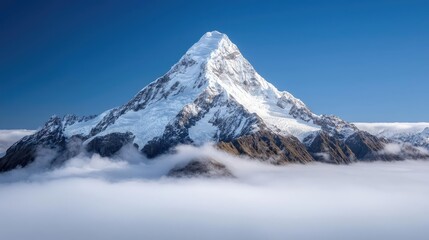 Majestic snow-capped peak above clouds; scenic landscape for travel brochures