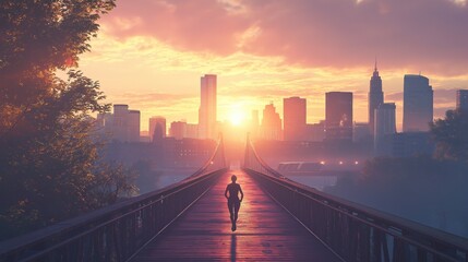 Early morning jogger crossing a bridge in the city, sunrise illuminating the skyline, sense of freedom and determination, healthy lifestyle