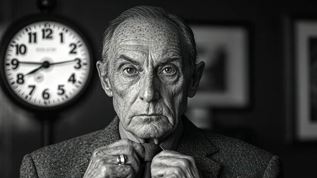 Man in a suit and tie is standing in front of a clock. He is looking at the camera with a serious expression