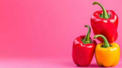 A photostock of bold and vibrant peppers floating dynamically against a soft pastel background, emphasizing their freshness and health appeal. High Quality