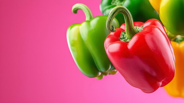 A photostock of bold and vibrant peppers floating dynamically against a soft pastel background, emphasizing their freshness and health appeal. High Quality