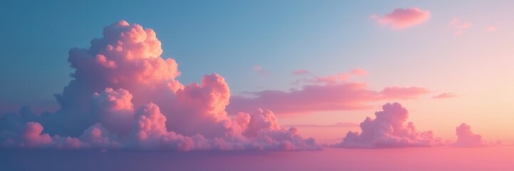 Softly lit blue and red sky with puffy pink clouds at sunset, soft, softly lit