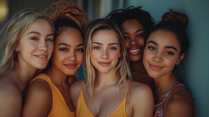 Fototapeta premium Six women of diverse backgrounds stand together, radiating joy and camaraderie in a bright urban setting during a warm summer day. Their expressions capture the essence of friendship