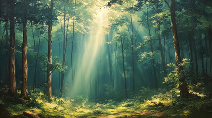Fototapeta premium Soft sunbeams breaking through the dense forest canopy at dawn
