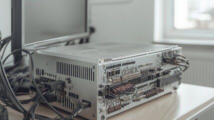 Rear view of a server unit with cables on a table.