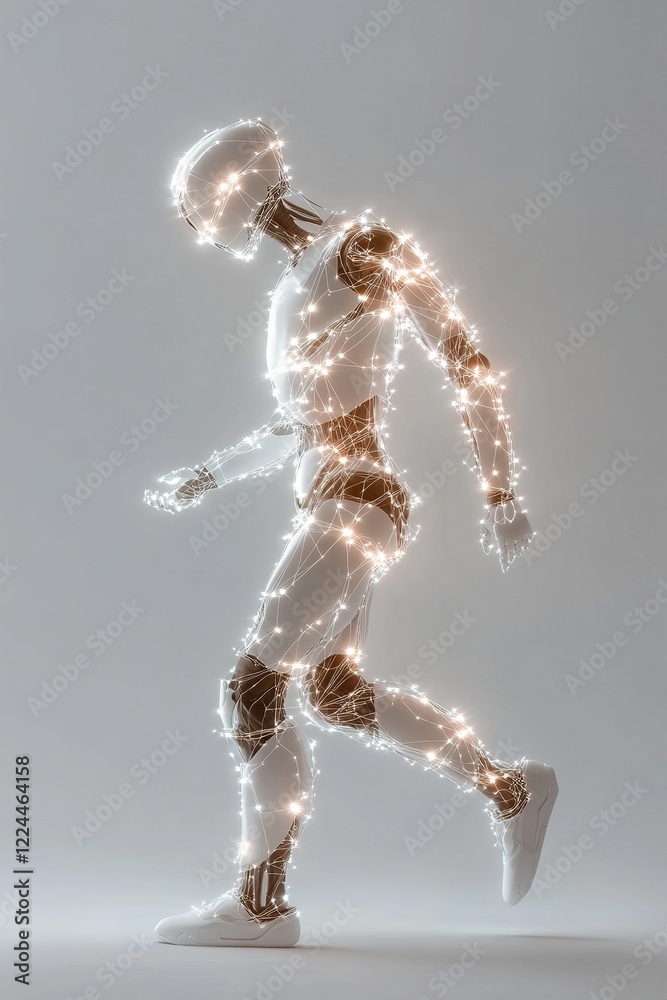 Poster a humanoid robot silhouette radiates a soft glow as abstract data streams and particles flow around 