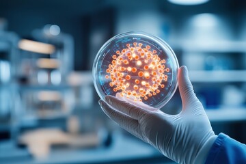 Scientist examining a petri dish for research.