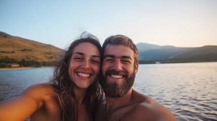 Obraz premium A couple beams with joy as they take a selfie beside a beautiful lake during sunset, surrounded by nature's tranquility. Their carefree spirit shines through in this unforgettable moment