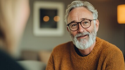 Retirement planning: Investment and healthcare. Smiling senior man in a cozy setting wearing glasses and an orange sweater.