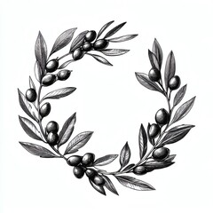 Olive branch wreath design featuring intricate leaves and fruits for decoration or celebration