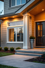 Modern House Exterior at Night: Elegant Home Design with Stone Pathway and Landscaping