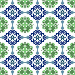 Blue and green floral ikat embroidery seamless background pattern with floral motifs. Design for wallpaper, carpet, curtains, tiles, blankets, and clothing.