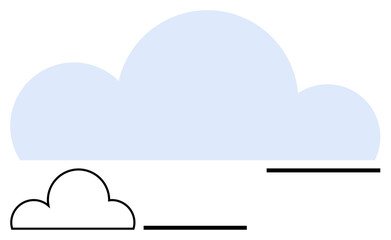 Blue geometric cloud silhouette above a black outlined cloud, complemented by clean horizontal lines. Ideal for weather, tech, data storage, simplicity, minimalism, creativity, abstract line flat