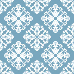 White and blue ikat damask, a seamless vector pattern in the Victorian style. Design for elaborate borders, carpet, curtains, tiles, blankets, and clothing.
