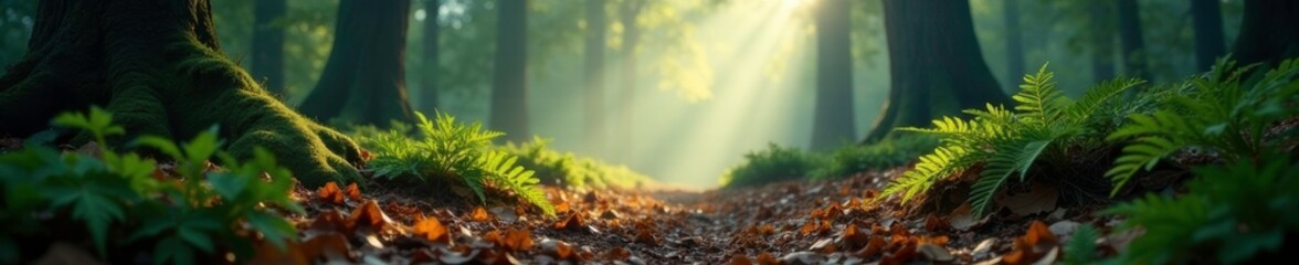 Obraz premium Softly lit forest floor with fallen leaves and ferns, forest floor, misty ambiance