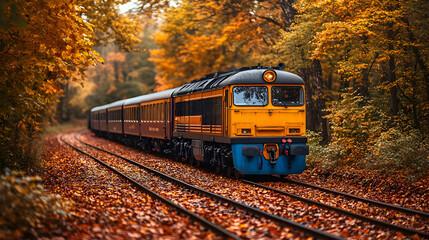 Fototapeta premium Autumn train journey through colorful forest (5)