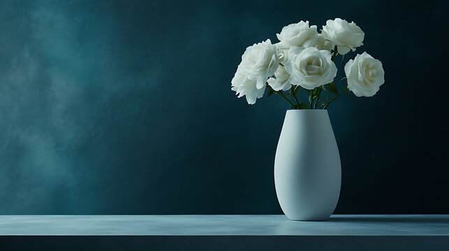 White roses bouquet in simplistic vase against dark turquoise wall showcases elegance of minimal floral arrangement